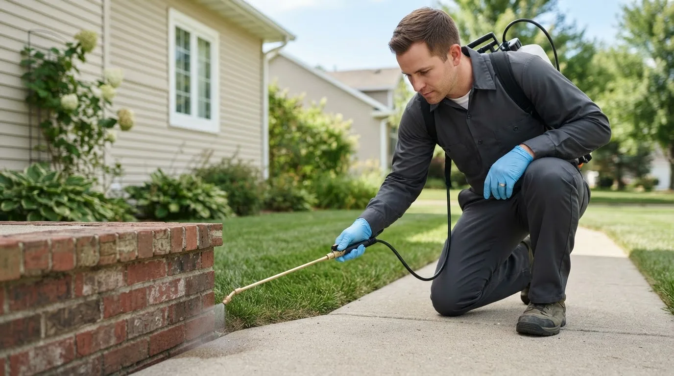 Pest control technician treating a home near Sheldon, ND