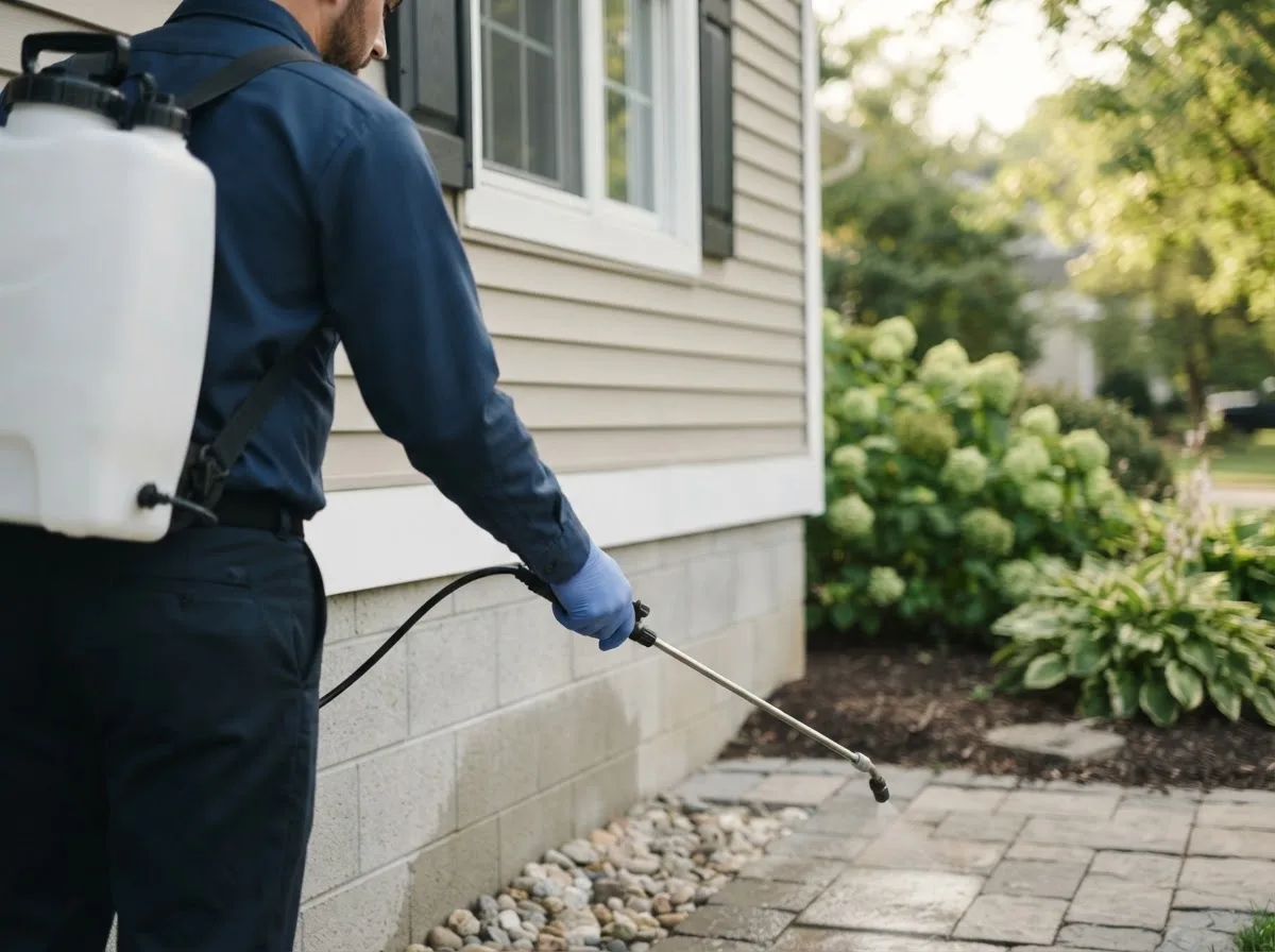 Pest control technician inspecting a home in Sheldon, ND